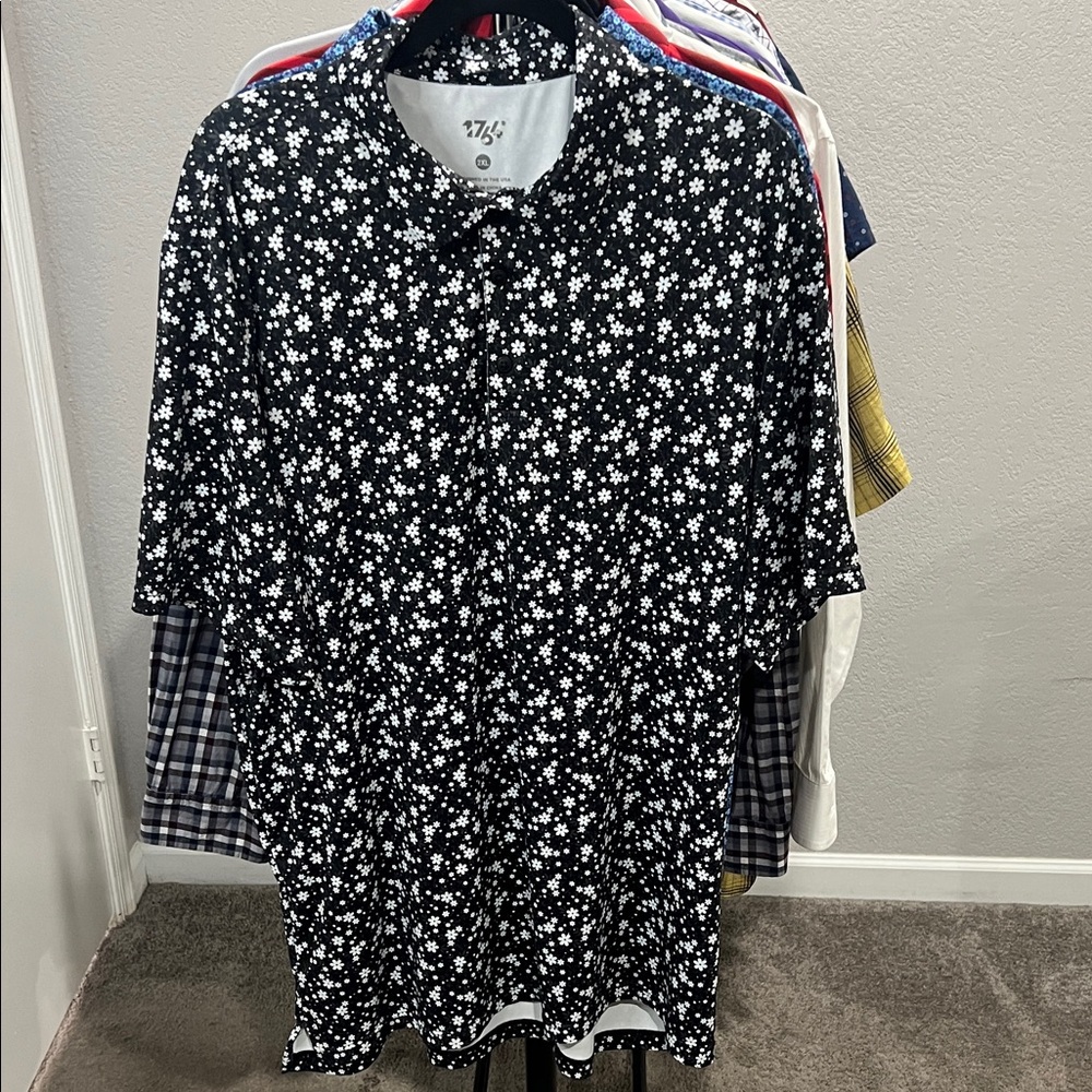 Black Polo Shirt with White Floral Design